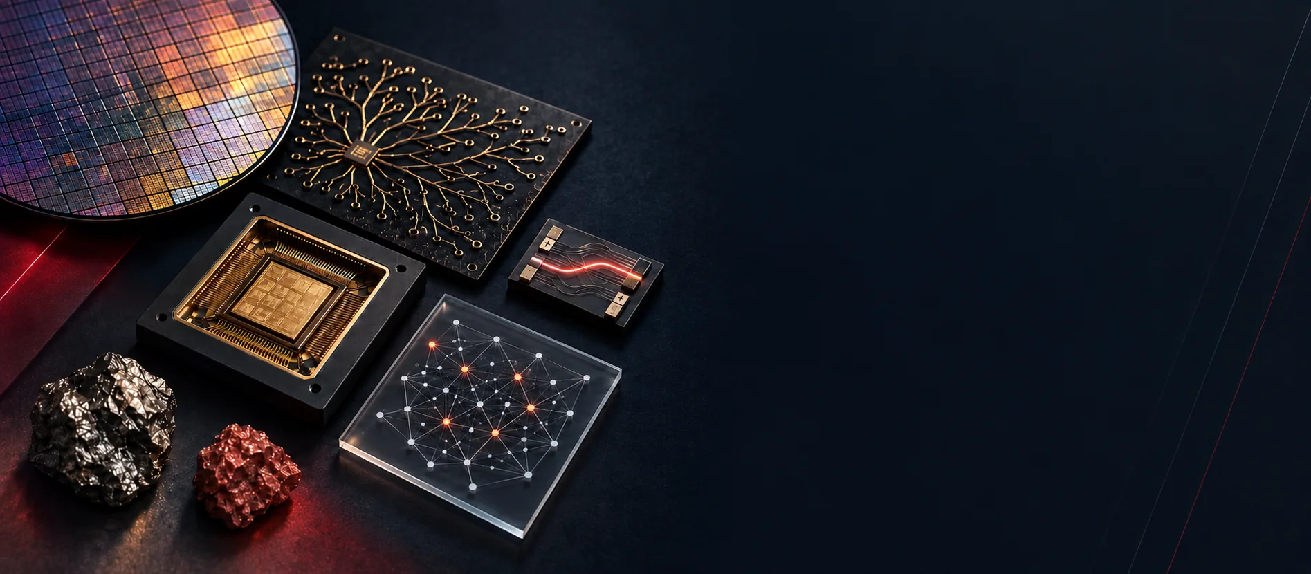 A silicon wafer, a chip package, a neuron-shaped circuit board, a photonic chip, a glass neural-network plate and raw minerals.